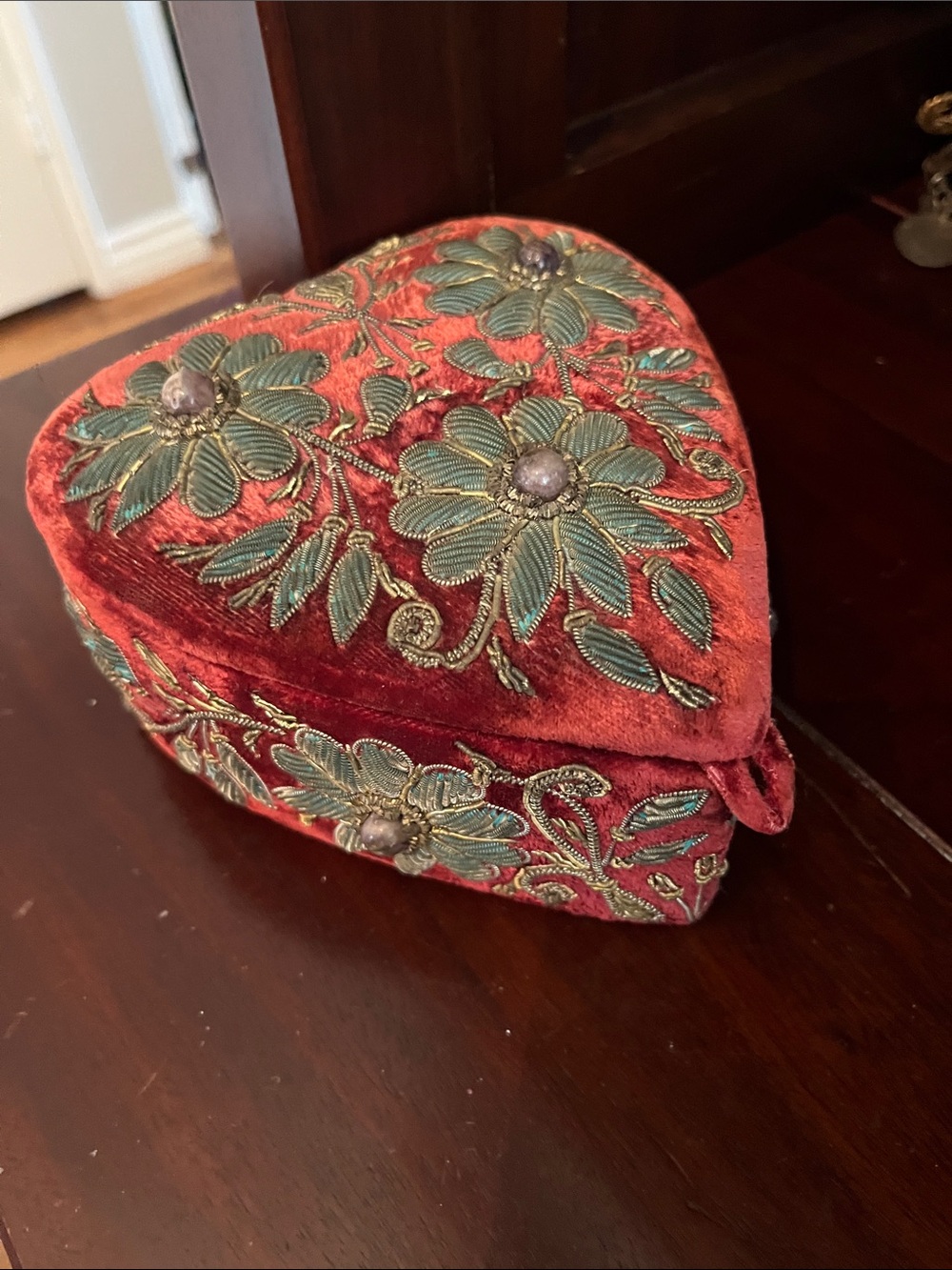 Embroidered Red Velvet Heart Jewelry Box